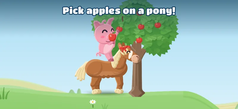 The piglet rides a pony and picks apples from a tree.