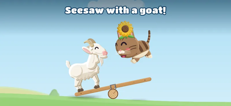 A goat and a kitten in a sunflower hat ride a seesaw.